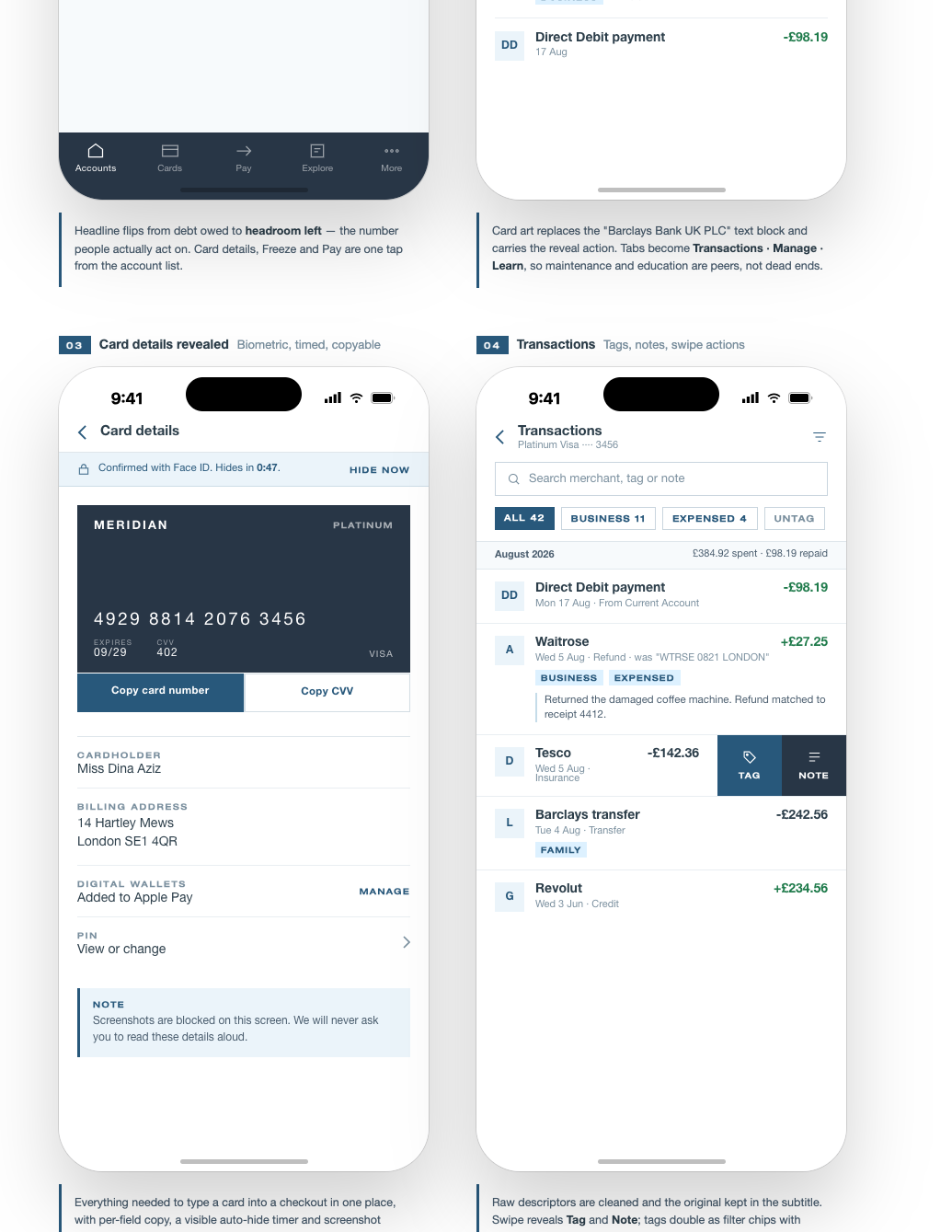 High fidelity Barclays concept showing card details and transaction screens