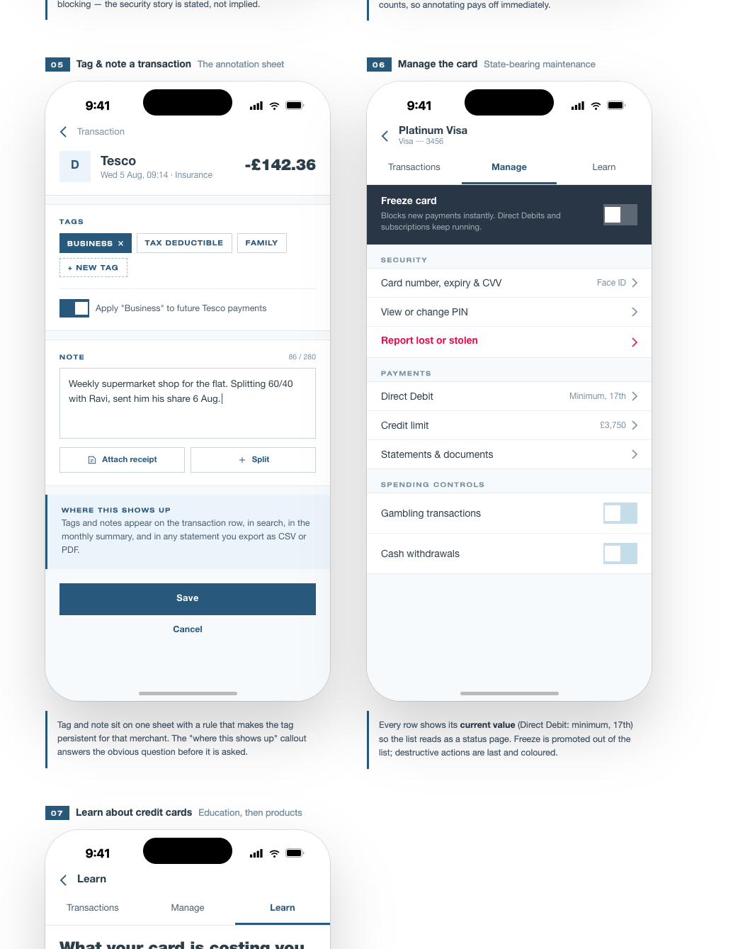 High fidelity Barclays concept showing transaction annotation, manage and learn screens