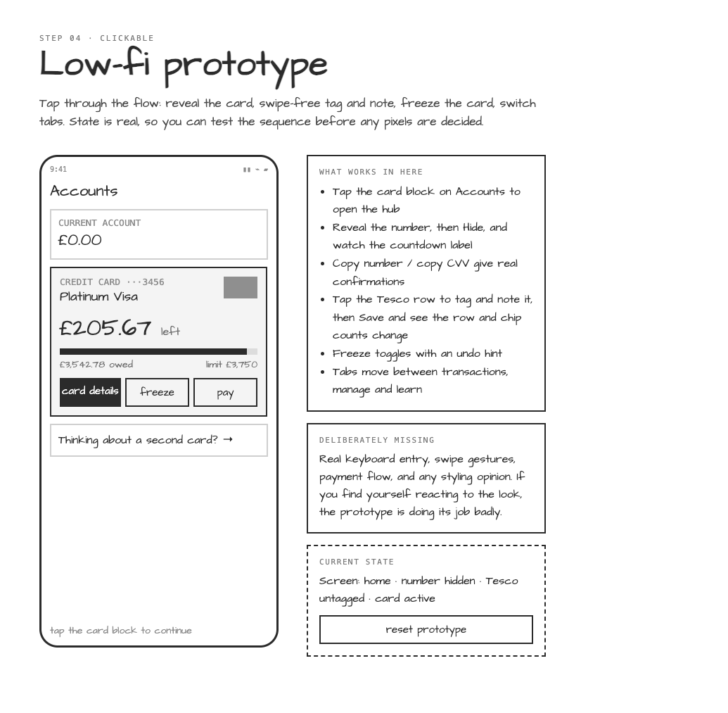 Clickable low fidelity Barclays prototype showing a credit card hub and interaction checklist