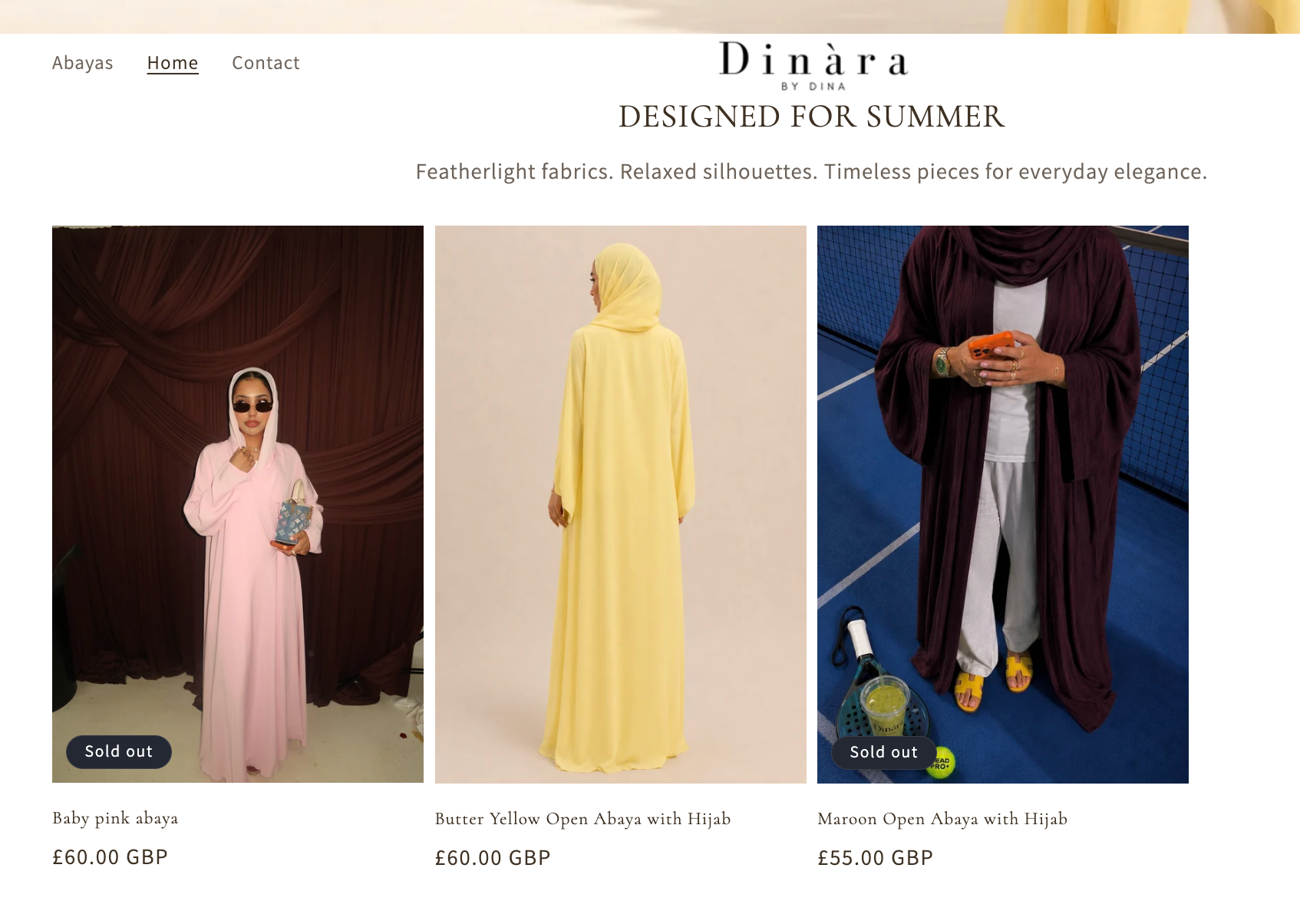 Dinàra by Dina live ecommerce website showing abaya products