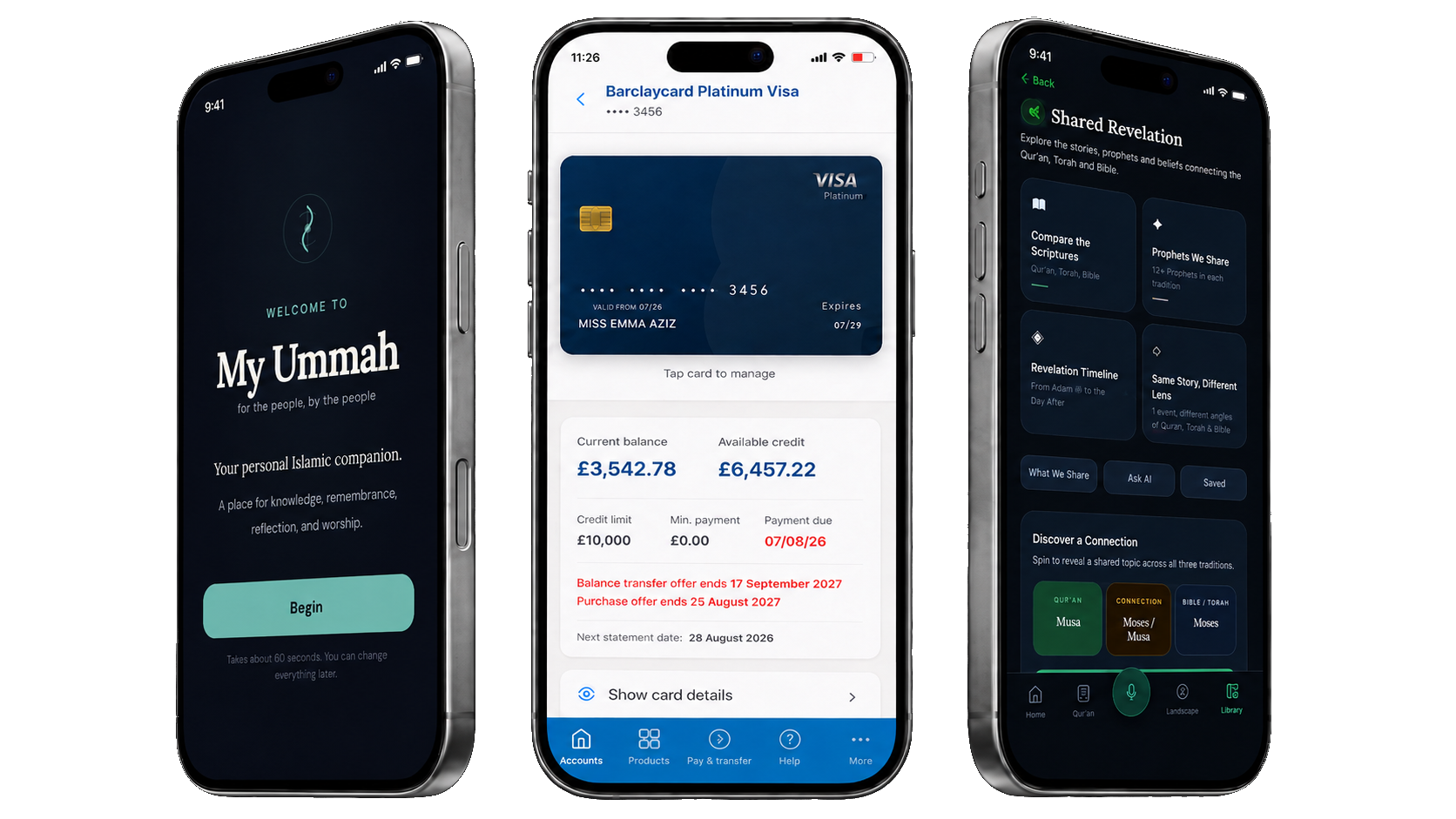 Three mobile product screens showing My Ummah and banking product concepts