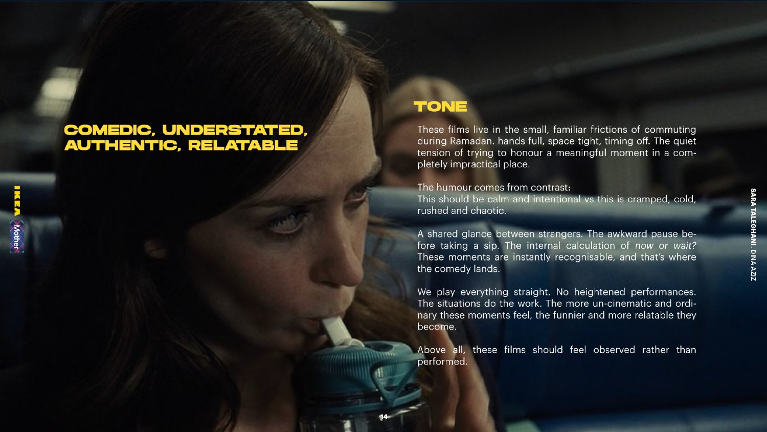 Tone page defining the campaign as comedic, understated, authentic and relatable