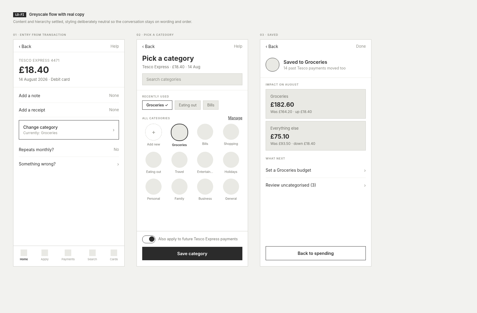 Low fidelity Lloyds category picker flow