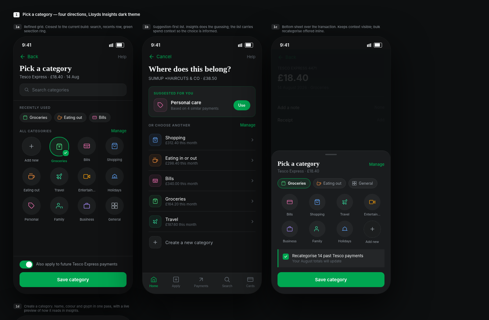 High fidelity Lloyds category picker mockup directions